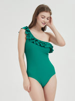 Solid colour Double Ruffle One Shoulder Sexy One Piece Swimwear